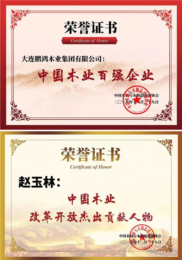 鸿运国际中国木业百强企业证书